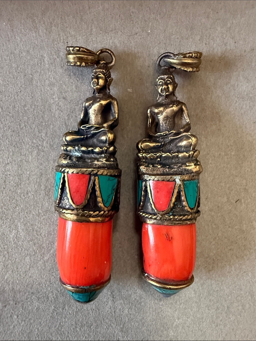 Vintage Tibetan Buddha Coral, Turquoise & Lapis Pendant Pair